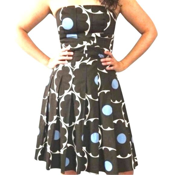 VTG Kay Unger Brown & Blue Polka Dot Strapless Fit & Flare Pleated Hem Dress 12 - Picture 3 of 15